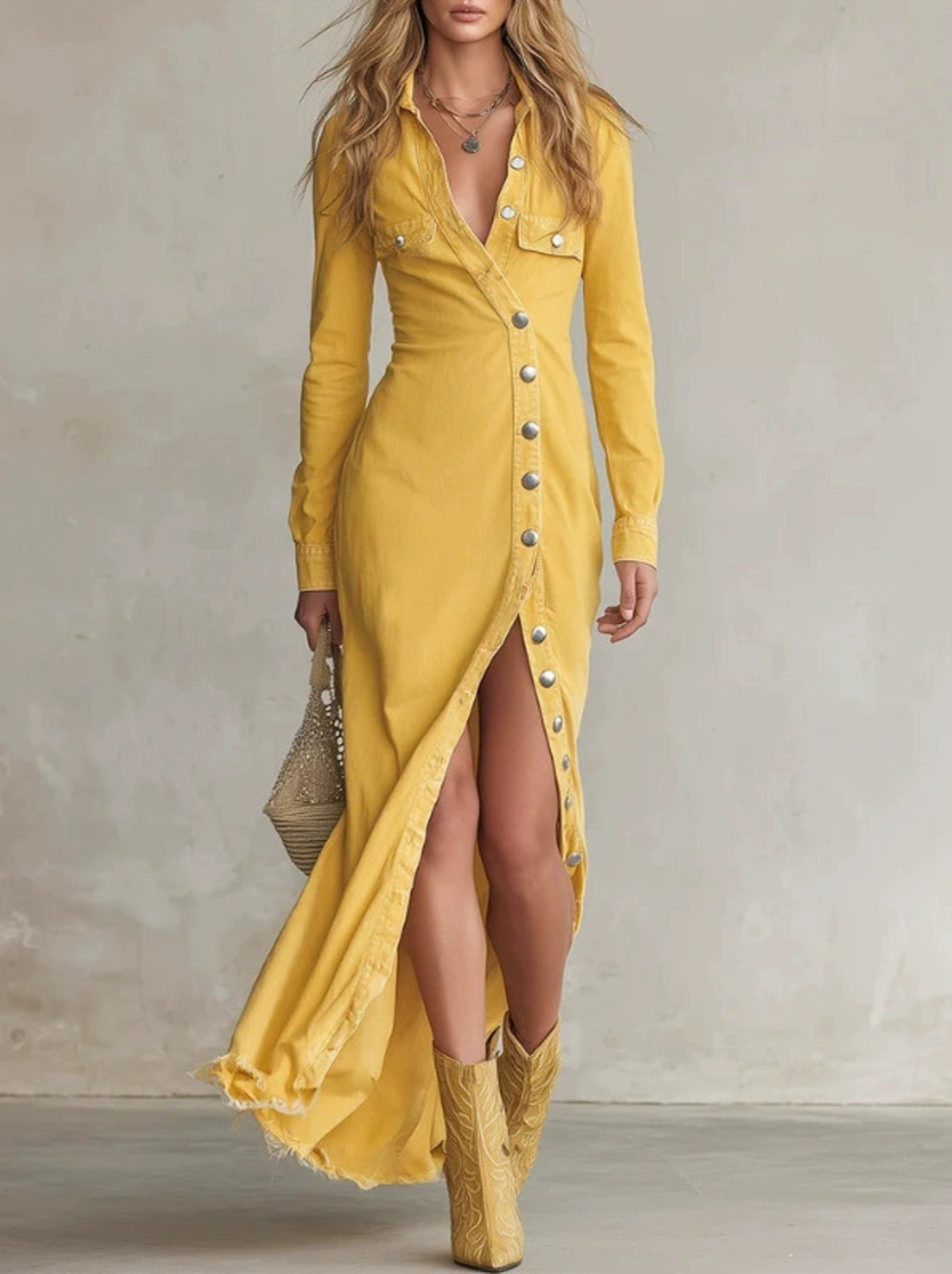 FOREVER 21 Vintage Western Style Denim Dress With Asymmetric Button And Slit